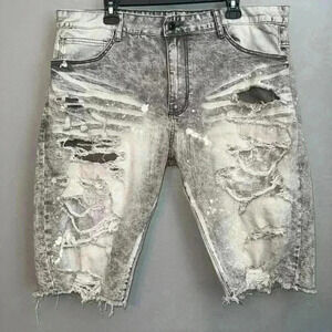 EUC Smoker Rise Denim Ripoff Rip & Repair Jean Shorts Acid Wash Grey Size 42